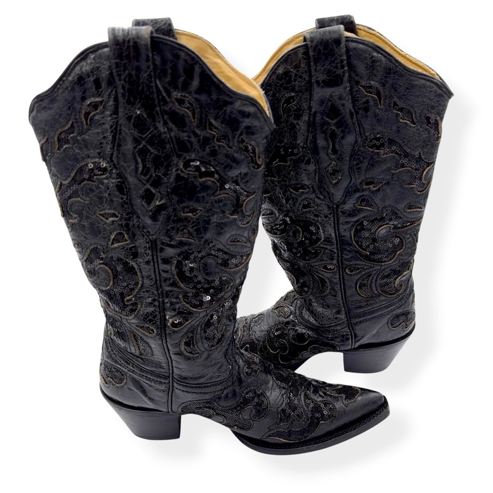 Corral Boots Women's 5 M Black Goat Leather Sequins Inlay Cowgirl Western A1070
